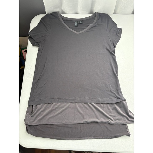 Cynthia Rowley Gray V-Neck Short Sleeve Layered Hem T-Shirt Top Medium - Picture 6 of 7